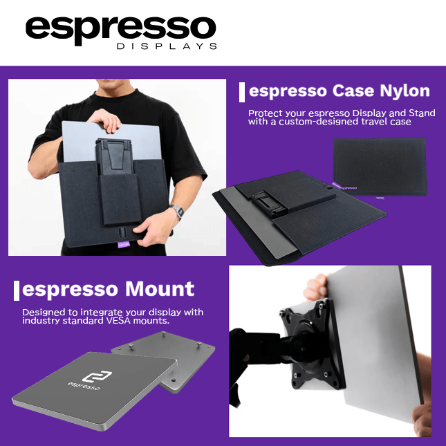 【espresso Displays】ケーブルも一緒に収納可能なケース＆VESAマウント用アダプター登場